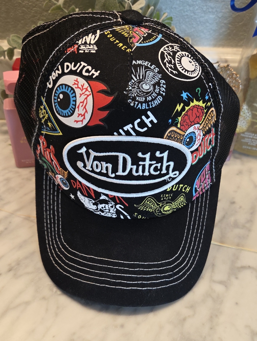 NWOT Von Dutch Black Patch Graphic Trucker Hat with Multicolor Prints